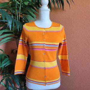 Laurie B Striped Button Down Cardigan Bright Orange Cotton Medium USA